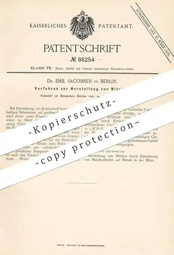 original Patent - Dr. Emil Jacobsen , Berlin , 1895 , Herstellung von Nitrit | Nitrat , Metallkarbid | Chemie !!