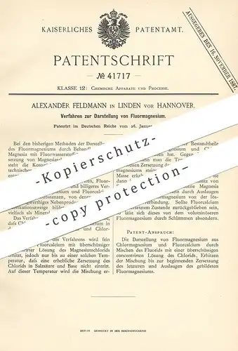 original Patent - Alexander Feldmann , Linden vor Hannover , 1887 , Darstellung von Fluormagnesium | Chemie | Magnesium