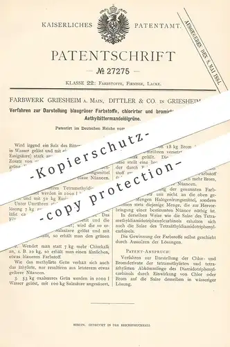 original Patent - Farbwerk Griesheim / Main , Dittler & Co. 1883 , Darstellung von blaugrüner Farbstoffe | Säure , Chlor