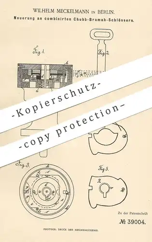 original Patent - Wilhelm Meckelmann , Berlin , 1886 , kombiniertes Chubb - Bramah - Schloss | Türschloss , Schlosser !!