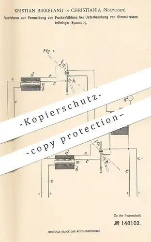 original Patent - Kristian Birkeland , Christiania , Norwegen 1901 , Schutz vor Funken bei Unterbrechung im Stromkreis !