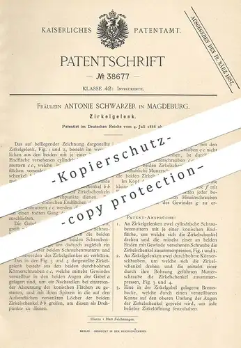 original Patent - Antonie Schwarzer , Magdeburg , 1886 , Zirkelgelenk | Zirkel , Zeichnen , Bauzeichner , Schule !!!