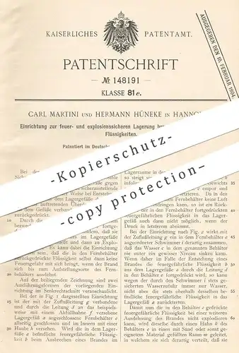 original Patent - Carl Martini , Hermann Hüneke , Hannover 1902 , feuer- u. explosionssichere Lagerung brennbarer Stoffe