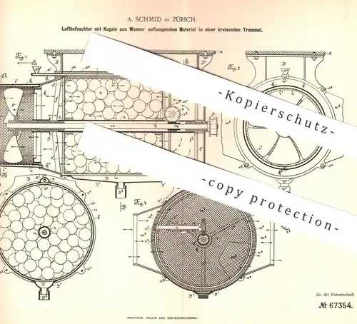 original Patent - A. Schmid , Zürich , 1892 , Luftbefeuchter | Luftfeuchte , Luft , Wasser , Gebläse , Lüftung !!!