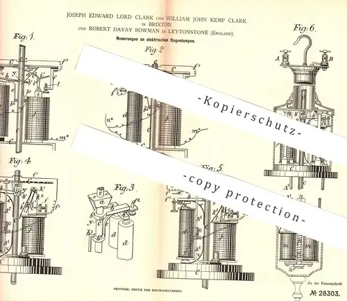 original Patent - Joseph Edward Lord & William J. Kemp Clark , Brixton | Robert Davay Bowman , Leytonstone | Bogenlampe