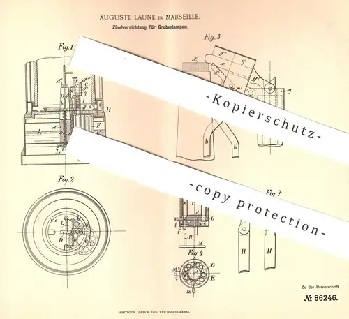 original Patent - Auguste Laune , Marseille , 1895 , Zündung für Grubenlampen | Lampe , Lampen | Bergbau , Bergwerk !!!