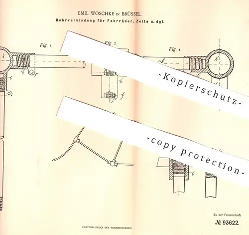 original Patent - Emil Woschke , Brüssel , 1896 , Rohrverbindung für Fahrrad , Zelt , Wagen | Rohr , Rohre , Rahmen !!!