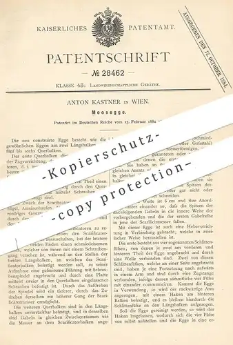 original Patent - Anton Kastner , Wien , 1884 , Moosegge | Moos - Egge | Eggen , Pflug , Pflügen | Landwirt , Gärtner
