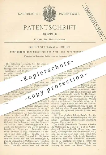 original Patent - Bruno Schramm , Erfurt , 1886 , Regulieren von Heiz- u. Verbrennungsluft | Heizung , Ofen , Ofenbauer