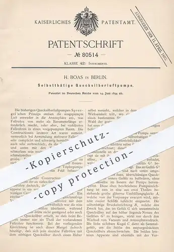 original Patent - H. Boas , Berlin , 1894 , Quecksilber - Luftpumpe | Vakuum | Luft - Pumpe | Sprengel