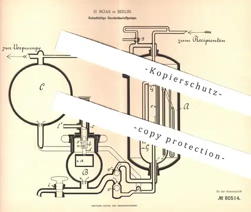 original Patent - H. Boas , Berlin , 1894 , Quecksilber - Luftpumpe | Vakuum | Luft - Pumpe | Sprengel