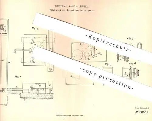 original Patent - Gustav Haase , Leipzig , 1894 , Triebwerk für Eisenbahn - Knallsignale | Eisenbahnen | Signal , Zug !!