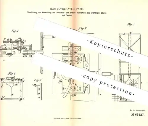 original Patent - Jean Bordenave , Paris , Frankreich , 1891 , Bewehrung aus Stahl , Eisen , Zement , Beton | Maurer !!