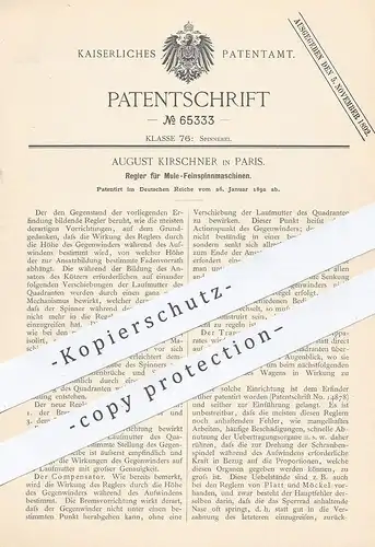 original Patent - August Kirschner , Paris , Frankreich , 1892 , Regler für Mule - Feinspinnmaschinen | Spinnmaschine !!