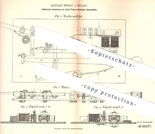 original Patent - Leopold Wendt , Danzig 1891 , Elektrische Auslösung für Bremsen , Federn , Türen | Strom , Elektriker