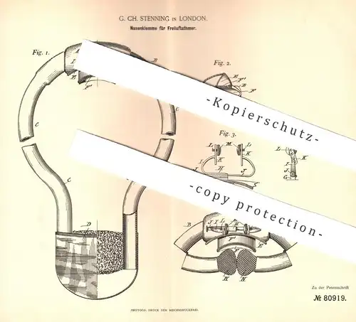 original Patent - G. Ch. Stenning , London , 1894 , Nasenklemme für Freiluftatmer | Nasenklammer , Medizin , Arzt !!!