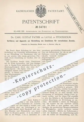 original Patent - Dr. Carl Gustaf Patrik de Laval , Stockholm , Schweden  1884 , Herst. von Emulsion | Fett , Creme , Öl