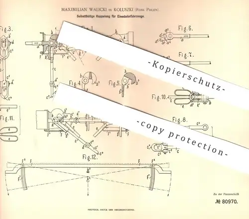 original Patent - Maximilian Walicki , Koluszki , Russ. Polen / Russland , 1894 , Kupplung für Eisenbahnen | Eisenbahn !