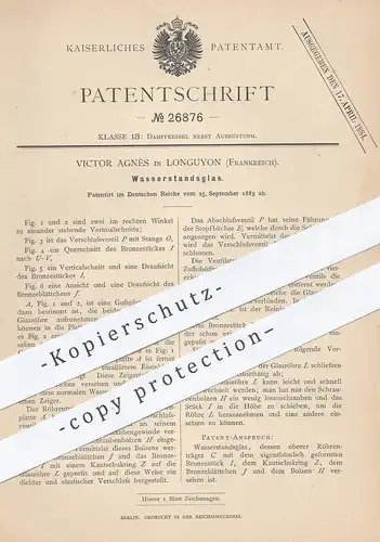 original Patent - Victor Agnès , Longuyon , Frankreich , 1883 , Wasserstandsglas | Dampfkessel , Kessel , Wasserkessel !
