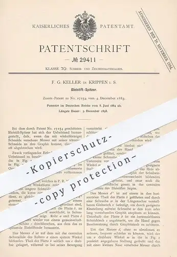 original Patent - F. G. Keller , Krippen  1884 , Bleistift - Spitzer |  Bleistiftspitzer , Anspitzer , Schule , Zeichnen