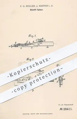 original Patent - F. G. Keller , Krippen  1884 , Bleistift - Spitzer |  Bleistiftspitzer , Anspitzer , Schule , Zeichnen