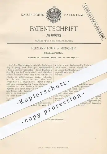 original Patent - Hermann Lohr , München , 1891 , Flaschenverschluss | Verschluss für Flasche , Flaschen | Korken !!!