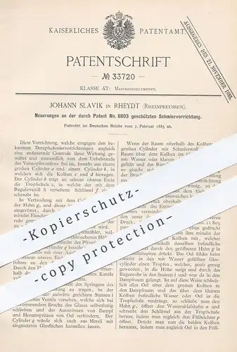 original Patent - Johann Slavik , Rheydt , Rheinpreussen , 1885 , Schmiervorrichtung | Öl , Oil | Dampfmaschine | Motor
