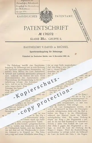 original Patent - Barthélémy V. David , Brüssel  1905 , Sperrbremskupplung für Hebezeug | Bremskupplung | Aufzug , Winde