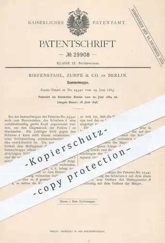 original Patent - Riefenstahl , Zumpe & Co. , Berlin , 1884 , Sammelmappe | Ordner , Papier - Mappe | Buchbinder , Buch