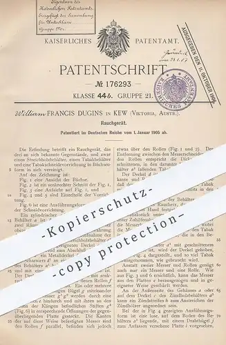 original Patent - William Francis Dugins , Kew , Viktoria , Australien , 1905 , Rauchgerät | Tabak , Zigarre , Pfeife !!