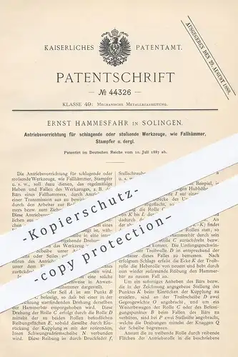 original Patent - Ernst Hammesfahr , Solingen , 1887 , Antrieb für Fallhammer , Stampfer , Hammer , Werkzeug | Metall