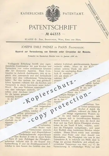 original Patent - Joseph Emile Prenez , Paris Frankreich  1888 , Verzuckerung von Getreide durch Zirkulation der Maische