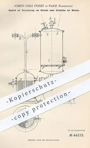 original Patent - Joseph Emile Prenez , Paris Frankreich  1888 , Verzuckerung von Getreide durch Zirkulation der Maische