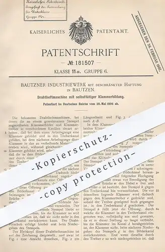 original Patent - Bautzner Industriewerk mbH , Bautzen , 1906 , Drahtheftmaschine | Heftmaschine | Klammer , Heftklammer