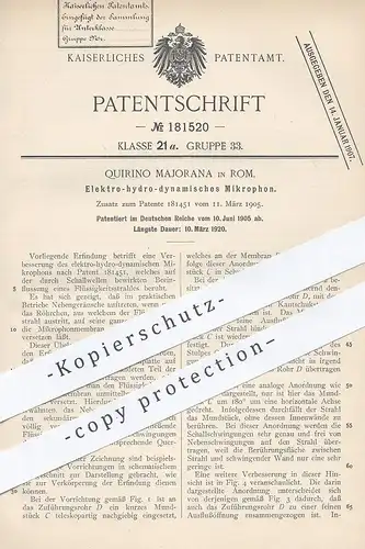 original Patent - Quirino Majorana , Rom Italien , 1905 , Elektro-hydro-dynamisches Mikrophon | Mikrofon | Schallwellen