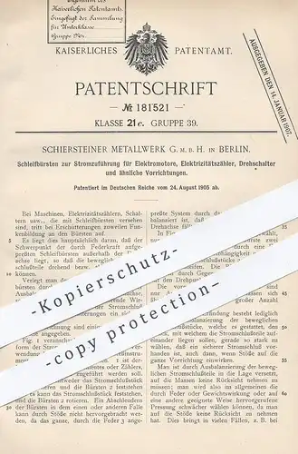 original Patent - Schiersteiner Metallwerk GmbH , Berlin 1905 , Schleifbürste zur Stromzuführung für Motor , Stromzähler