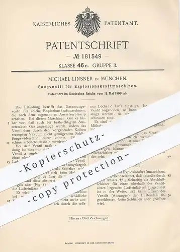 original Patent - Michael Linsner , München , 1906 , Saugventil für Explosionskraftmaschinen | Gasmotor | Gas - Motor !