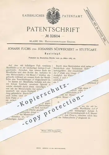 original Patent - Johann Fuchs , Johannes Schweickert , Stuttgart , 1885 , Rasiertopf | Rasieren , Rasur , Seife !!!
