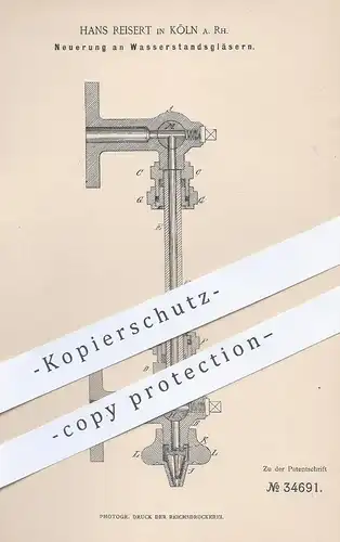 original Patent - Hans Reisert , Köln / Rhein , 1885 , Wasserstandsglas | Dampfkessel , Kessel , Dampfmaschine !!