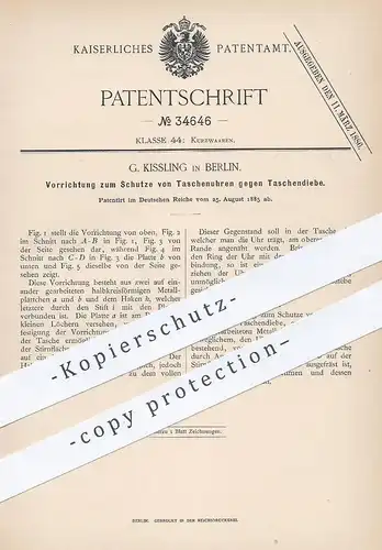 original Patent - G. Kissling , Berlin , 1885 , Schutz von Taschenuhren gegen Diebstahl | Uhr , Uhren , Uhrmacher !!!