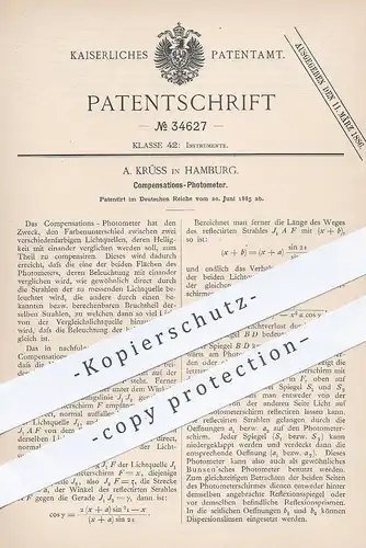 original Patent - A. Krüss , Hamburg , 1885 , Kompensations- Photometer | Beleuchtung , Prisma , Reflexion , Fotometer !