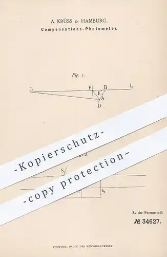 original Patent - A. Krüss , Hamburg , 1885 , Kompensations- Photometer | Beleuchtung , Prisma , Reflexion , Fotometer !