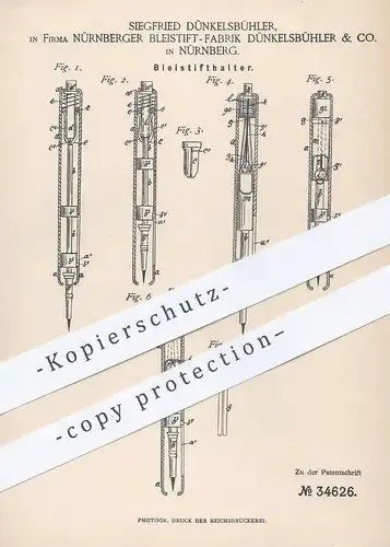 original Patent - Bleistift Fabrik Dünkelsbühler & Co. , Nürnberg , 1885 , Bleistifthalter | Füllhalter , Stift !!!