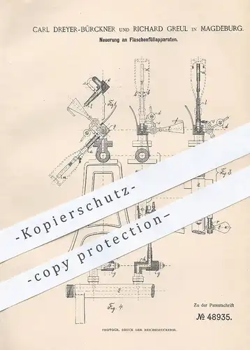 original Patent - Carl Dreyer Bürckner , Richard Greul , Magdeburg 1888 , Flaschenfüllapparat | Flaschen befüllen | Bier