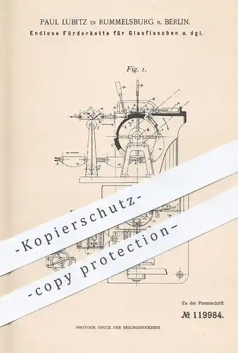 original Patent - Paul Lubitz , Rummelsburg / Berlin 1900 , Endlose Förderkette f. Gasflaschen | Gas - Flasche | Gaswerk