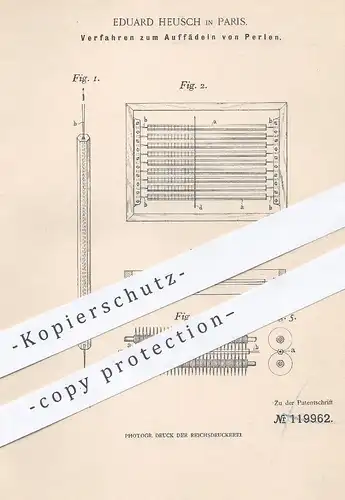 original Patent - Eduard Heusch , Paris , 1900 , Auffädeln von Perlen | Perle , Kette , Schmuck | Perlen aus Röhren
