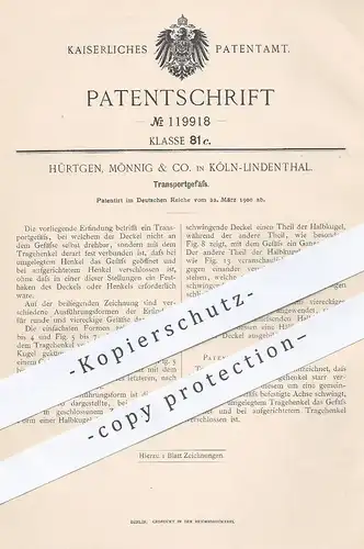 original Patent - Hürtgen , Mönnig & Co. , Köln / Lindenthal , 1900 , Transportgefäß | Gefäß mit Deckel | Eimer , Fass !