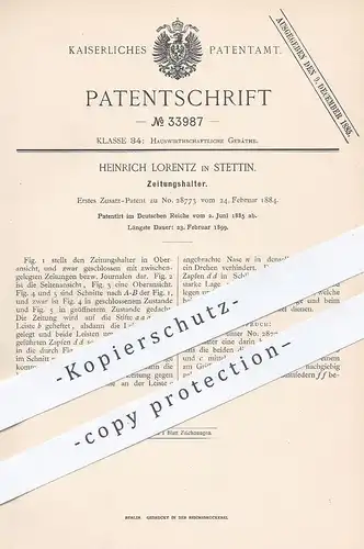 original Patent - Heinrich Lorentz , Stettin , 1885 , Zeitungshalter | Halter für Zeitung , Zeitungen , Zeitschriften !!