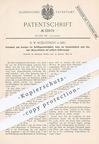 original Patent - H. W. Schlotfeldt , Kiel 1885 , Anzeigen der Geschwindigkeit am Schiff | Manometer | Pilot 'sche Röhre