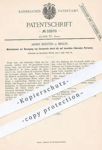 original Patent - Armin Kersten , Berlin , 1885 , Bewegung von Karussells | Karussell | Schausteller , Jahrmarkt !!